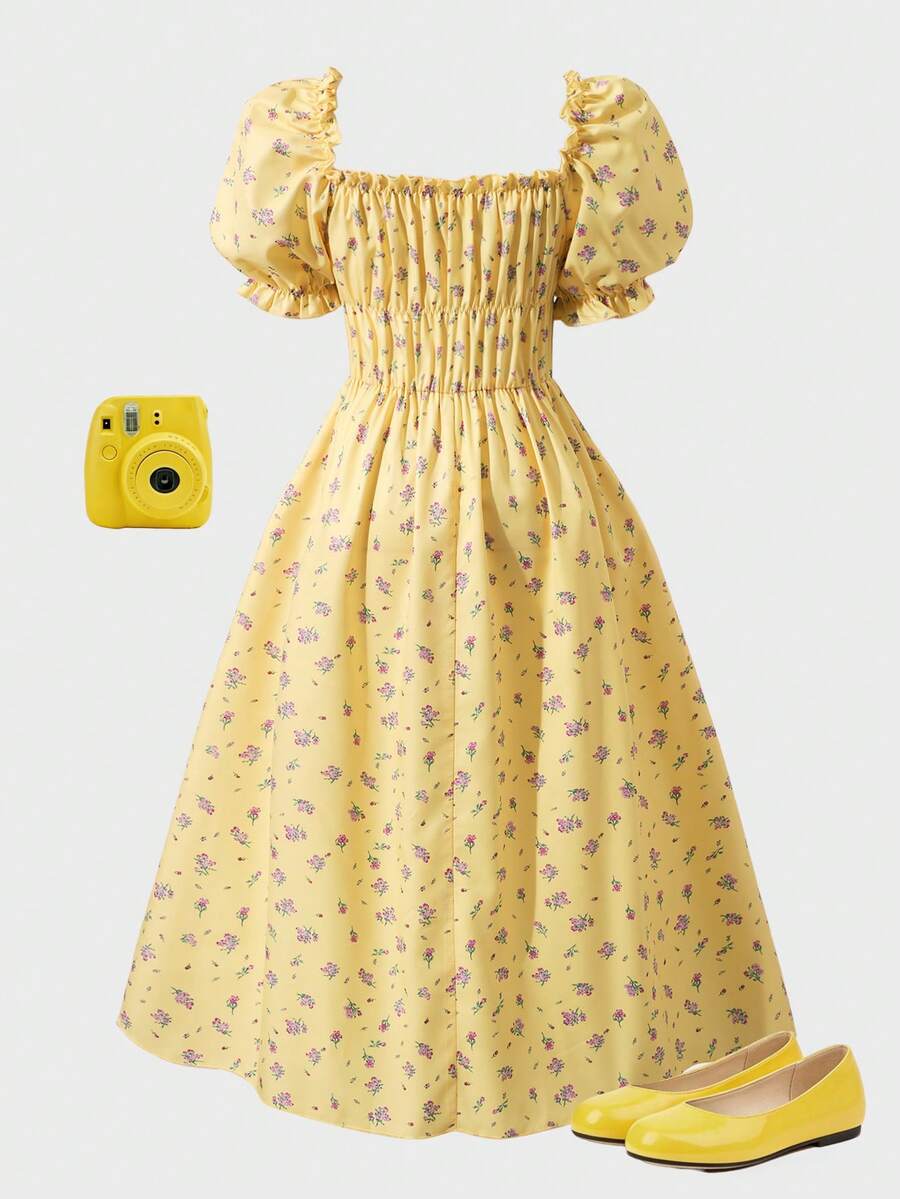Apricot tween girls dress featuring square neckline, short puff sleeves, ruched bust, high waist, and flared A-line hem.