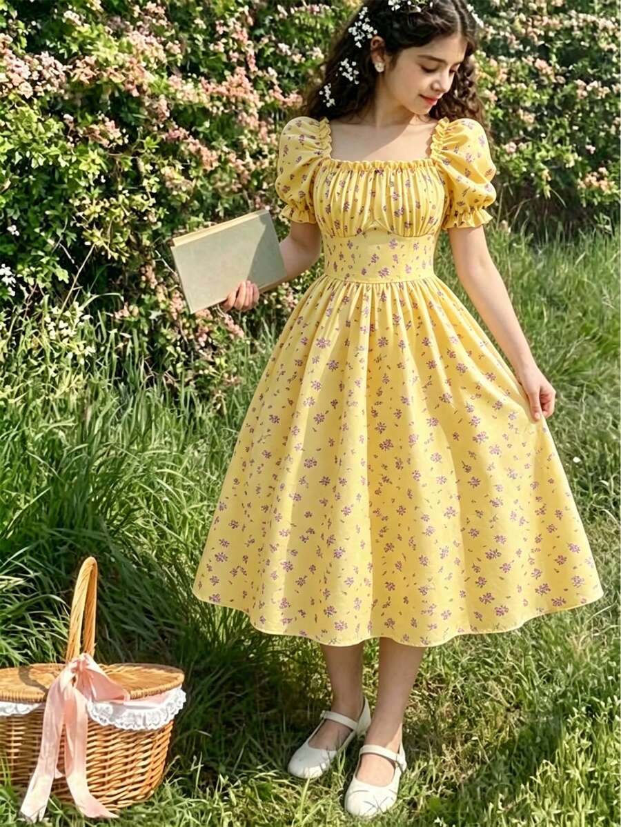 Apricot tween girls dress featuring square neckline, short puff sleeves, ruched bust, high waist, and flared A-line hem.