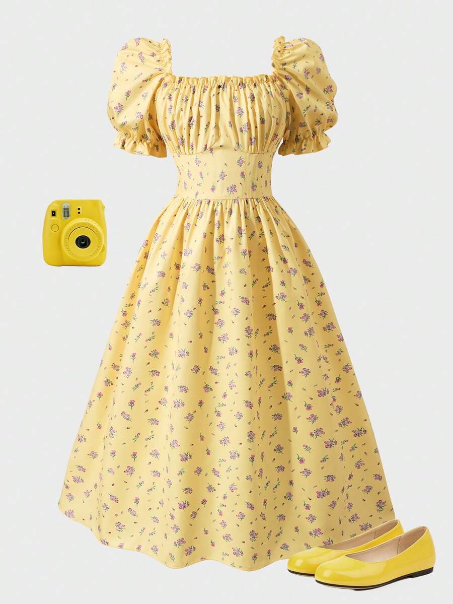 Apricot tween girls dress featuring square neckline, short puff sleeves, ruched bust, high waist, and flared A-line hem.