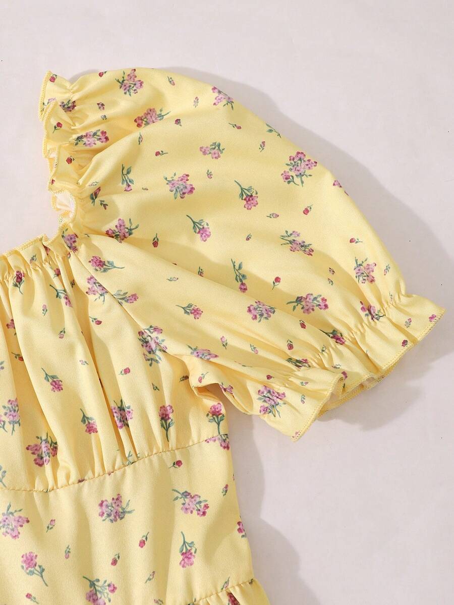 Apricot tween girls dress featuring square neckline, short puff sleeves, ruched bust, high waist, and flared A-line hem.