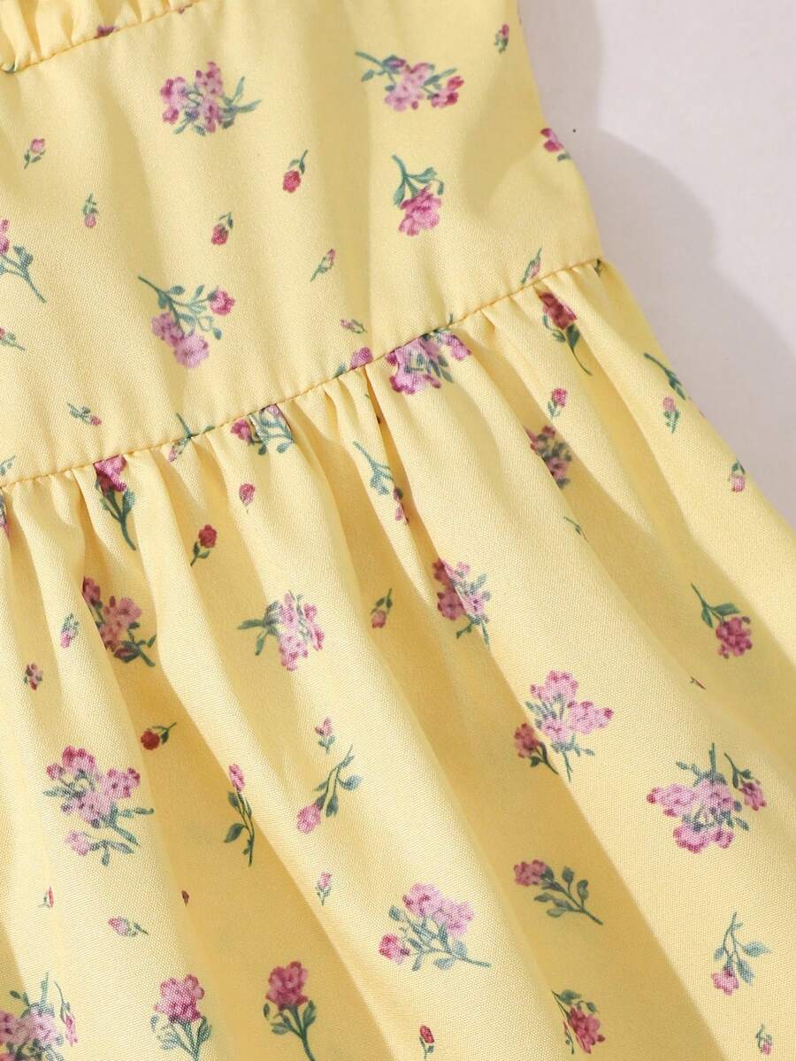 Apricot tween girls dress featuring square neckline, short puff sleeves, ruched bust, high waist, and flared A-line hem.