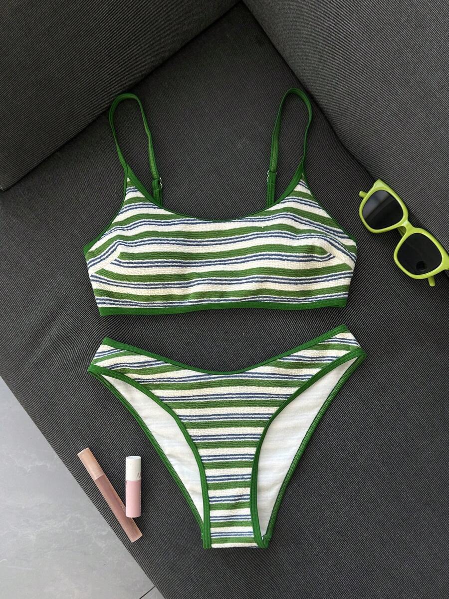 Apricot ribbed high waist two piece bikini swimsuit set for women featuring backless spaghetti strap top and high waisted bottoms.