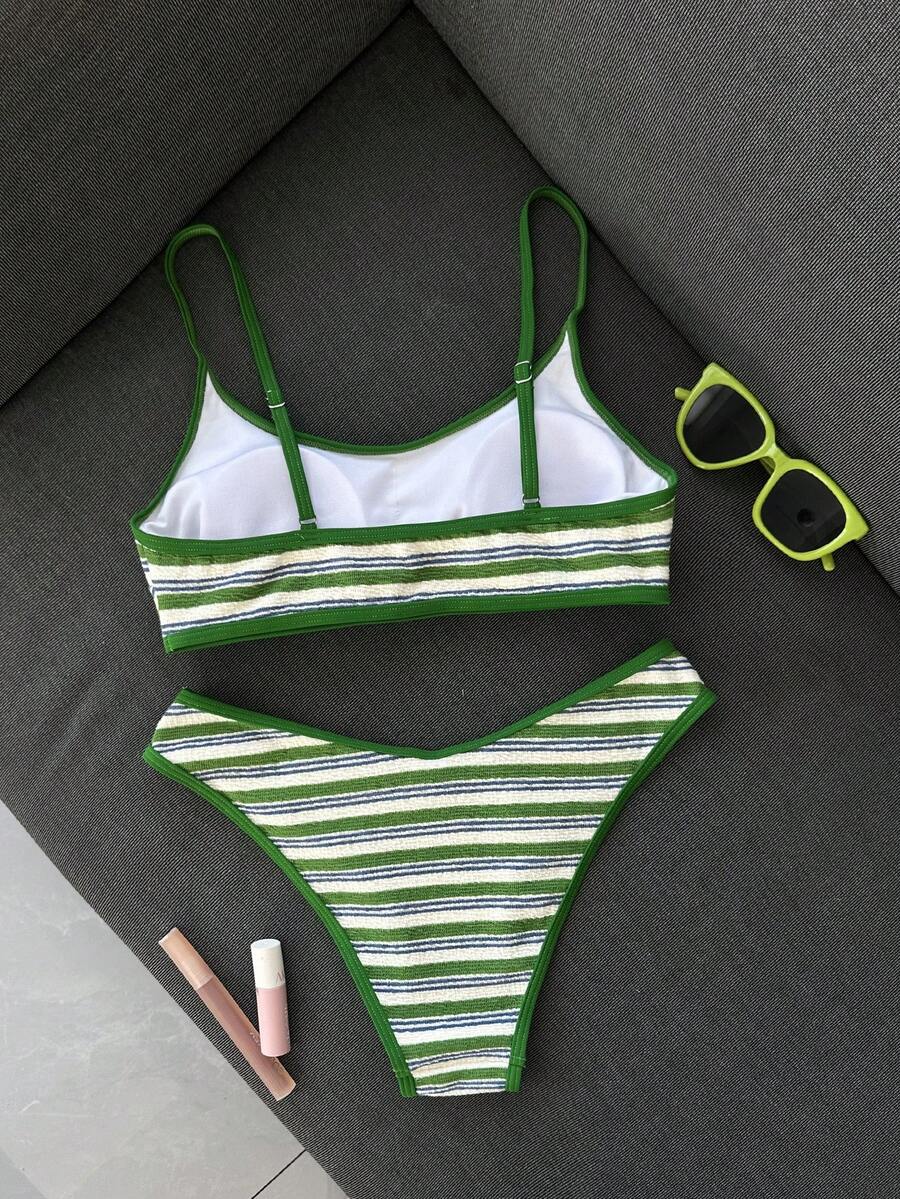 Apricot ribbed high waist two piece bikini swimsuit set for women featuring backless spaghetti strap top and high waisted bottoms.