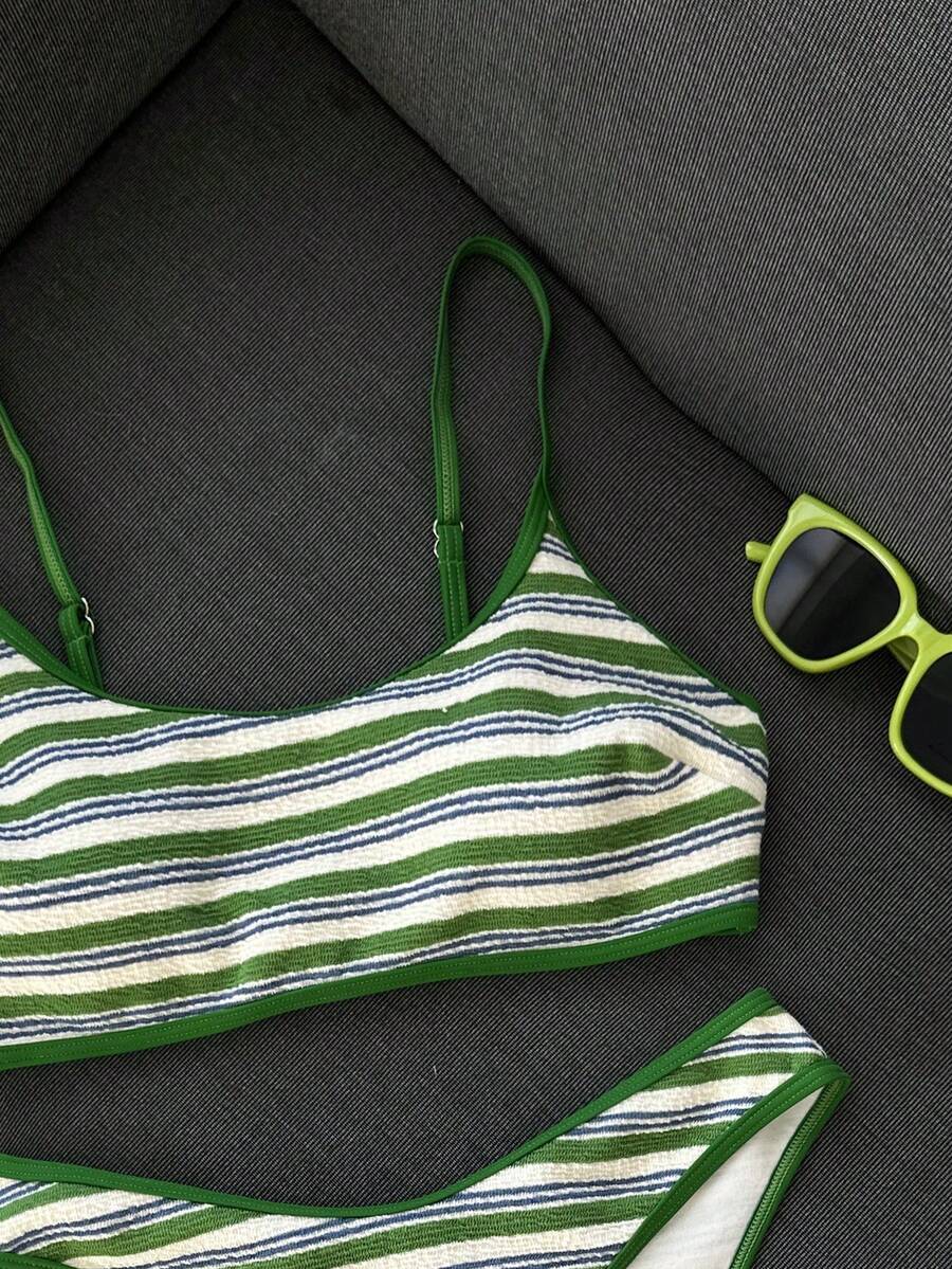Apricot ribbed high waist two piece bikini swimsuit set for women featuring backless spaghetti strap top and high waisted bottoms.