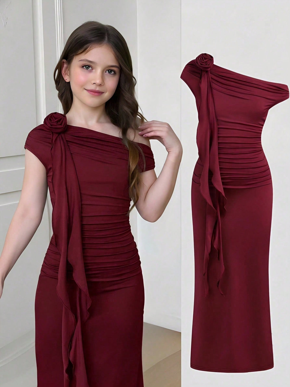 Tween girls long maxi dress with all-over print, asymmetrical neckline, short sleeves, slim fit, and vacation style in a polyester blend