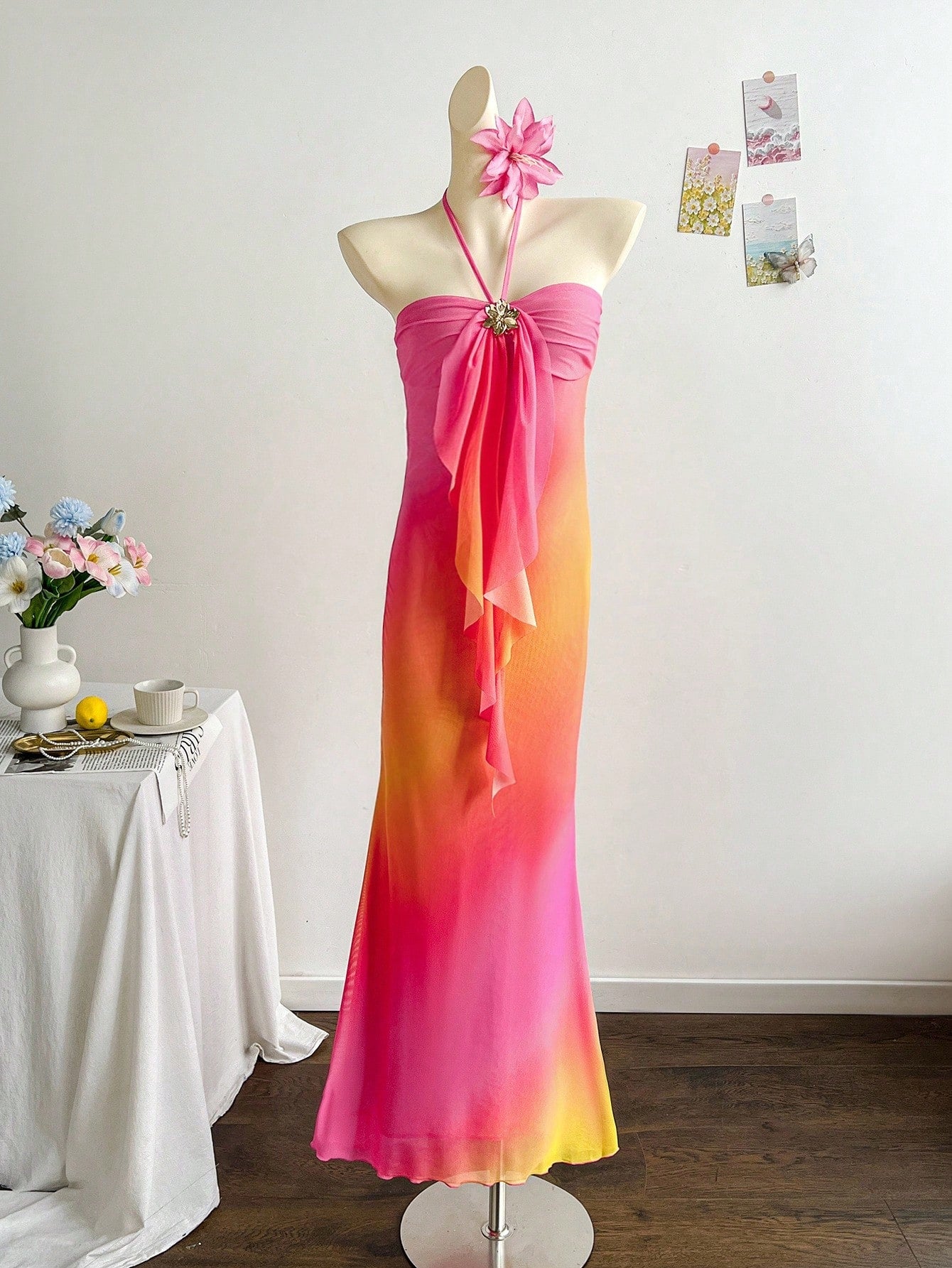 Tween girl yellow long halter dress with textured jacquard knit, sleeveless slim fit cami design, natural waist, straight hem, and lined non-sheer finish for vacation or party wear.