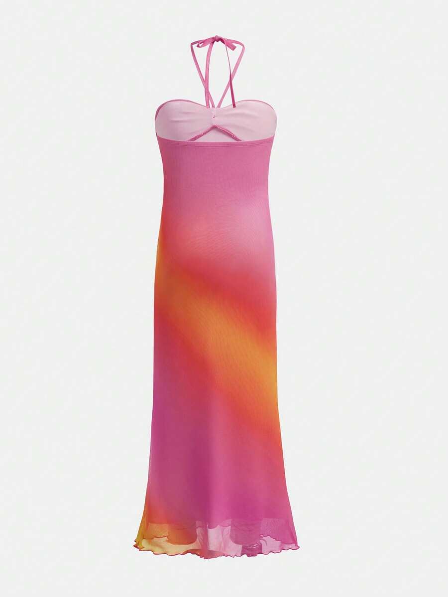 Tween girls multicolor halter maxi dress with slim fit, high waist, slit hem, zipper detail, and lined polyester stretch fabric for beach and vacation wear