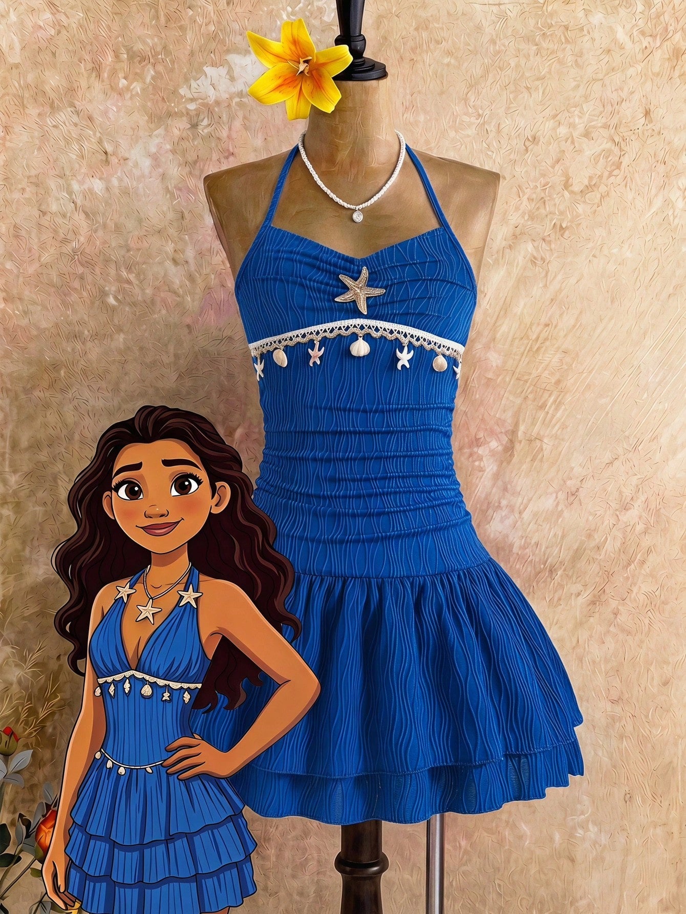 Tween girls apricot sleeveless halter mini dress with textured starfish and shell decor, shirred tiered layer, high waist, and flounce hem.