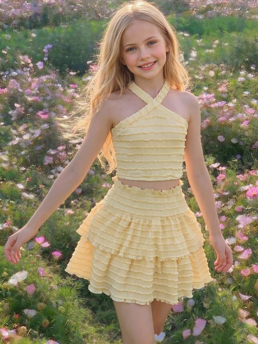 Tween girls blue and white 2-piece set with a striped halter neck vest top and a floral high-waist tiered paperbag skirt.