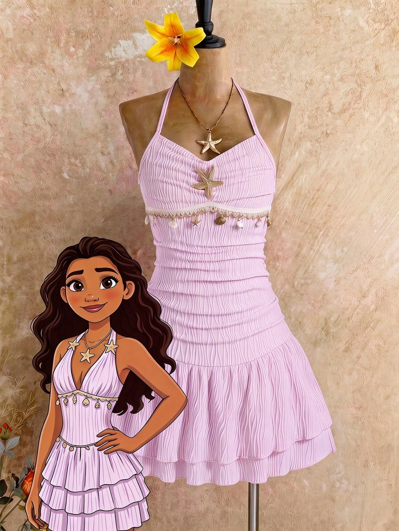 Tween girls apricot sleeveless halter mini dress with textured starfish and shell decor, shirred tiered layer, high waist, and flounce hem.