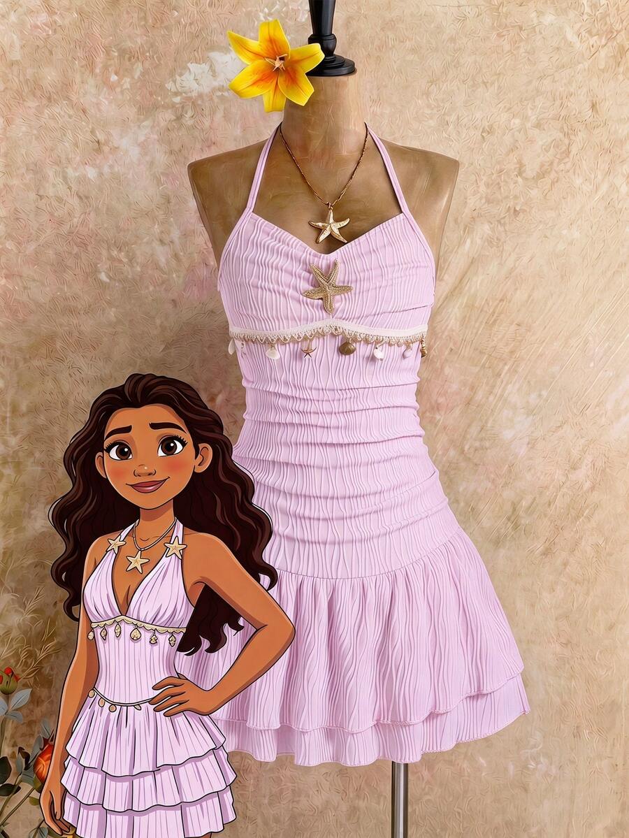 Tween girls apricot sleeveless halter mini dress with textured starfish and shell decor, shirred tiered layer, high waist, and flounce hem.