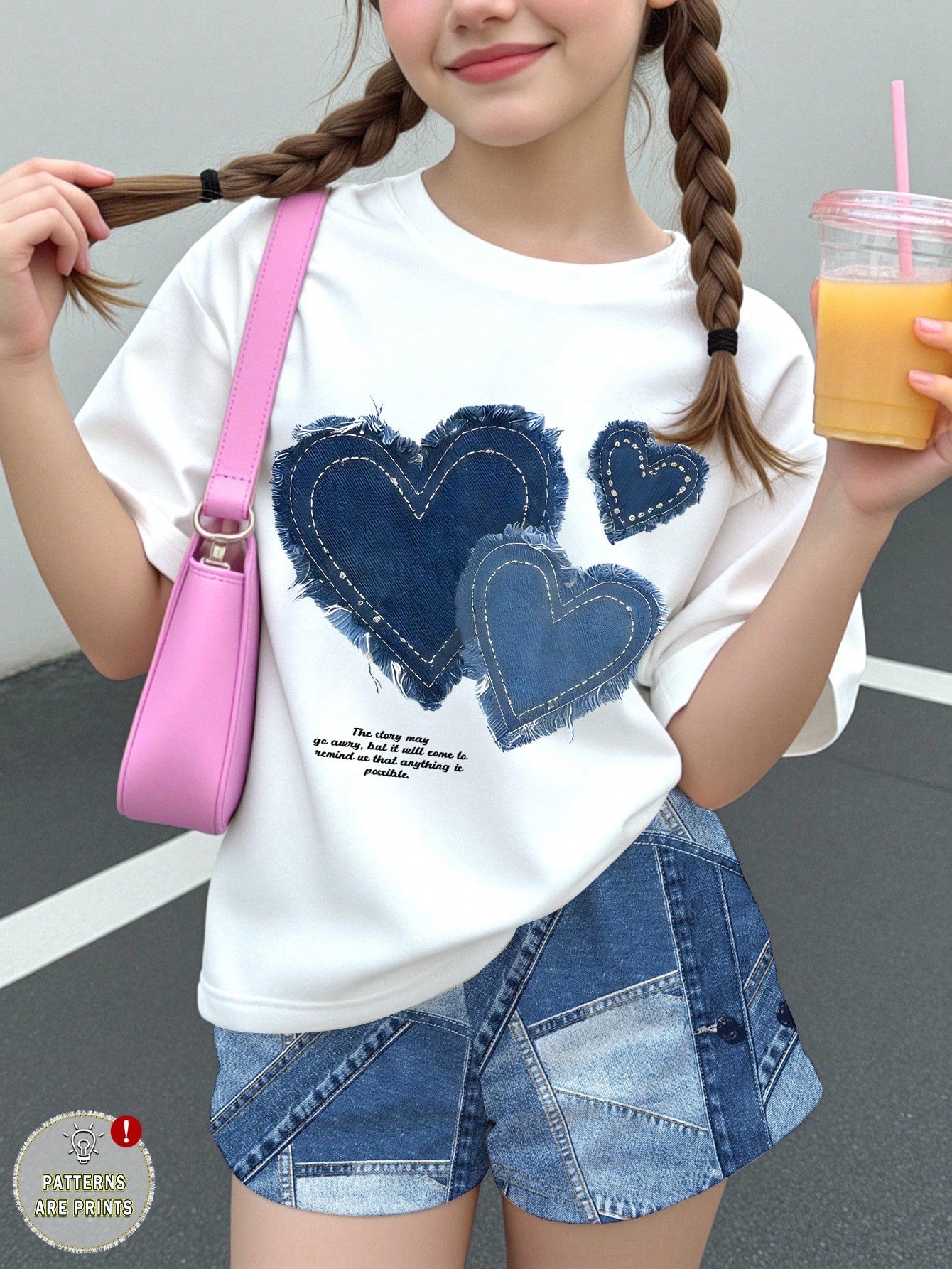 Multicolor heart print short sleeve top and loose shorts 2-piece set for tween girls