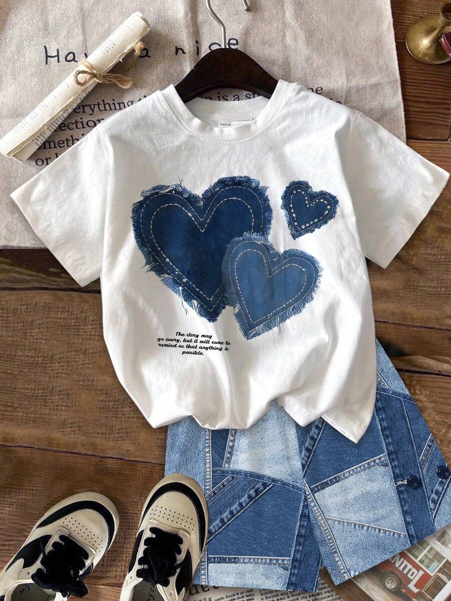 Multicolor heart print short sleeve top and loose shorts 2-piece set for tween girls