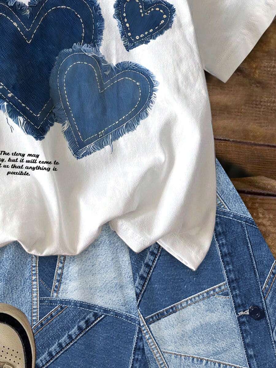 Multicolor heart print short sleeve top and loose shorts 2-piece set for tween girls