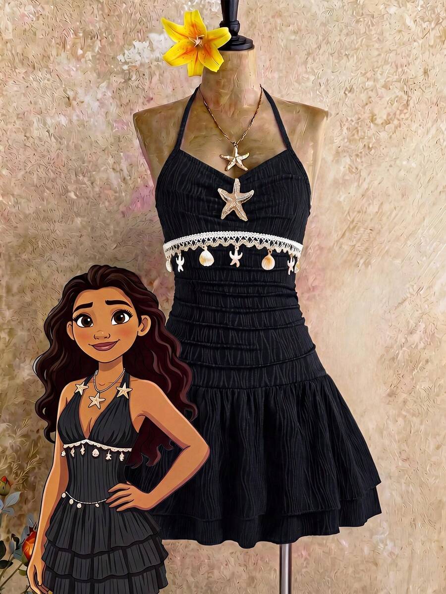 Tween girls apricot sleeveless halter mini dress with textured starfish and shell decor, shirred tiered layer, high waist, and flounce hem.