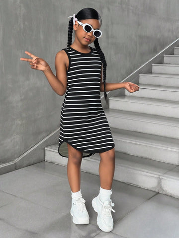 Tween girls sleeveless tie-dye tank dress with round neck, loose fit, short length, and asymmetrical hem in a casual streetwear style