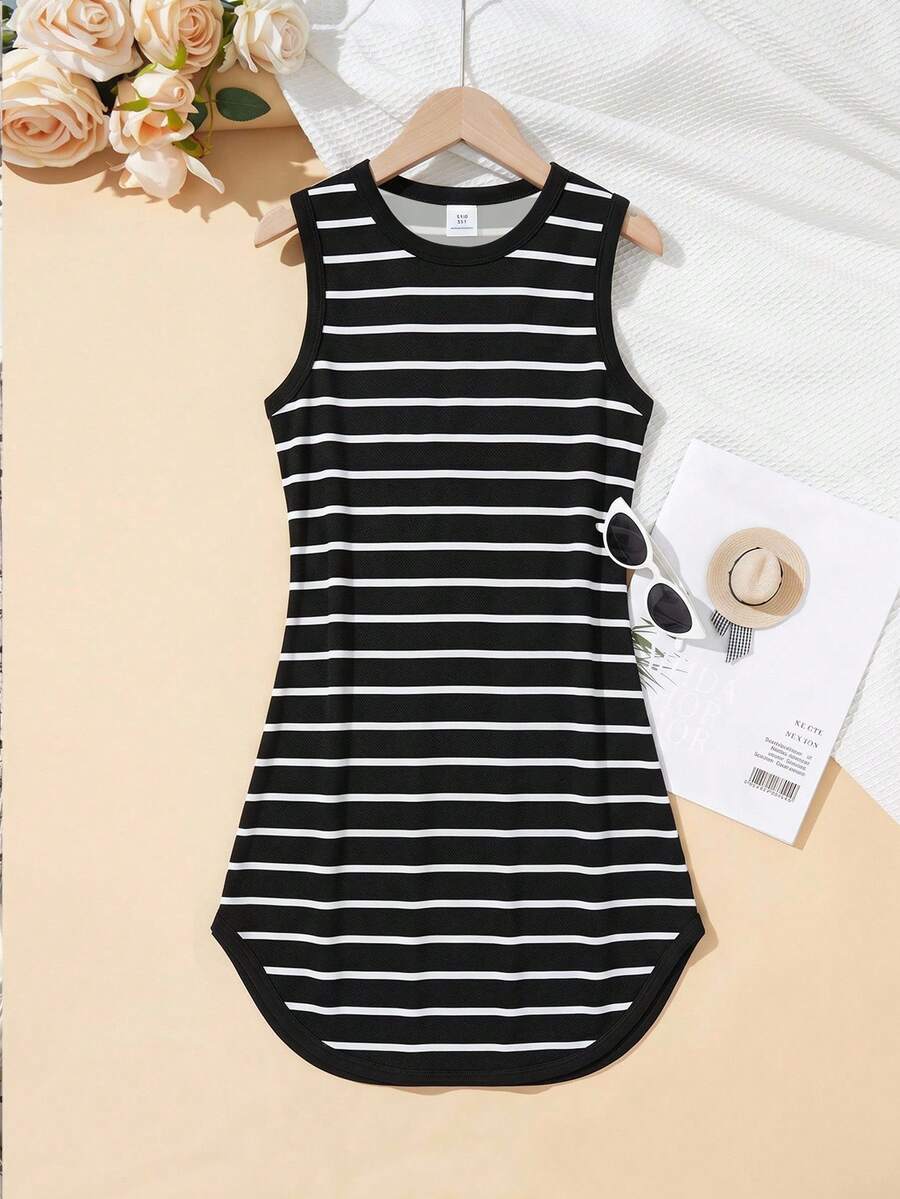 Tween girls sleeveless tie-dye tank dress with round neck, loose fit, short length, and asymmetrical hem in a casual streetwear style