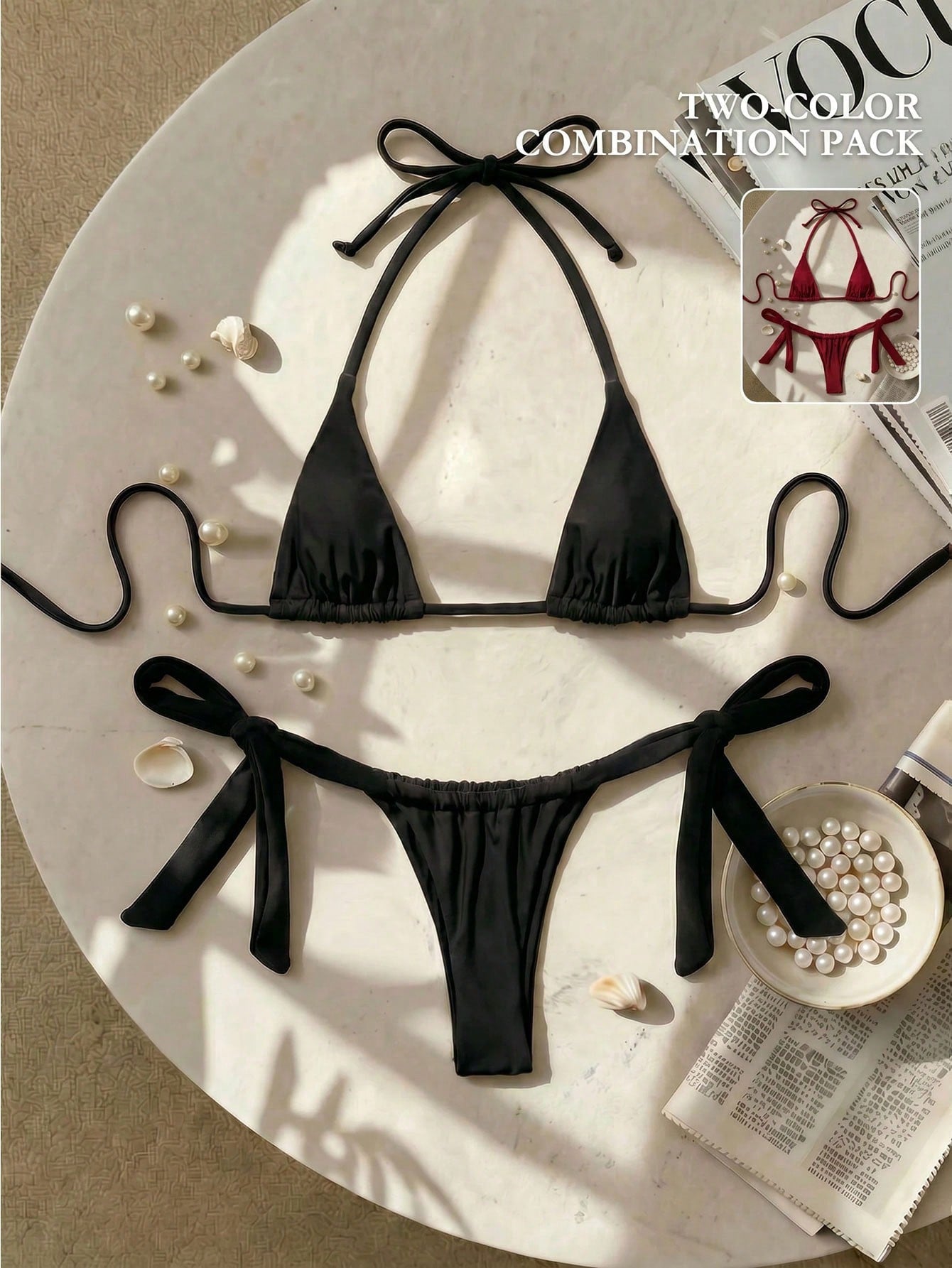 Army green high waist micro bikini swimsuit set for women featuring wireless spaghetti strap top with chain knot details and tie side thong bottoms.