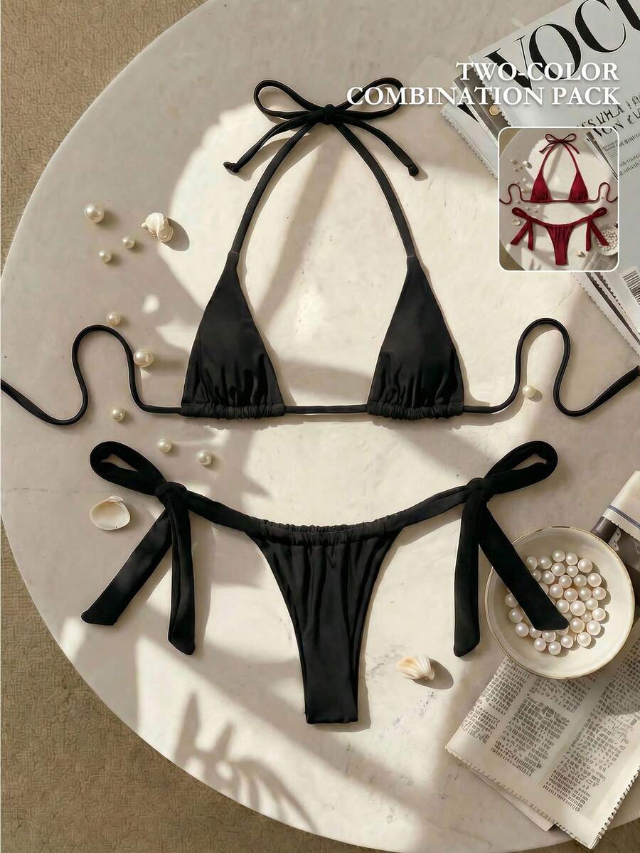 Army green high waist micro bikini swimsuit set for women featuring wireless spaghetti strap top with chain knot details and tie side thong bottoms.