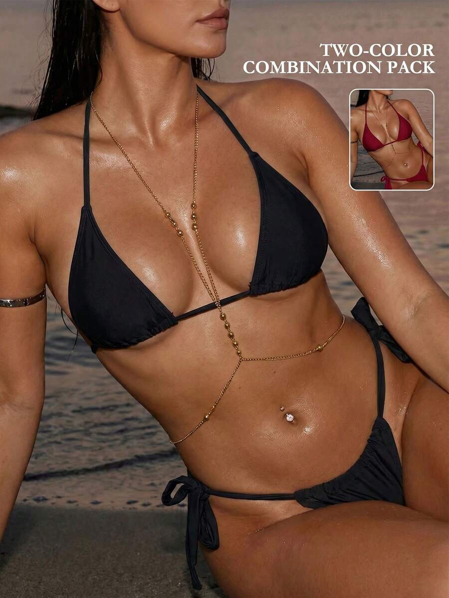 Army green high waist micro bikini swimsuit set for women featuring wireless spaghetti strap top with chain knot details and tie side thong bottoms.