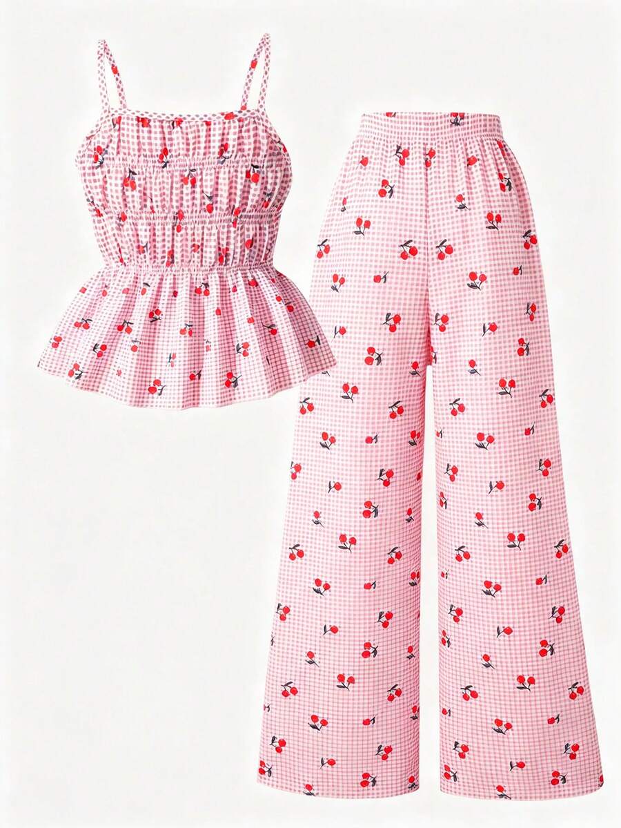 Girls 2-piece summer outfit set featuring a blue bow print camisole top with spaghetti straps and matching high-waisted straight leg pants.