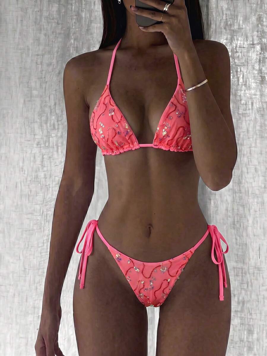 Women's sequin textured halter triangle bikini top and high-waist side tie bikini bottom swimsuit set