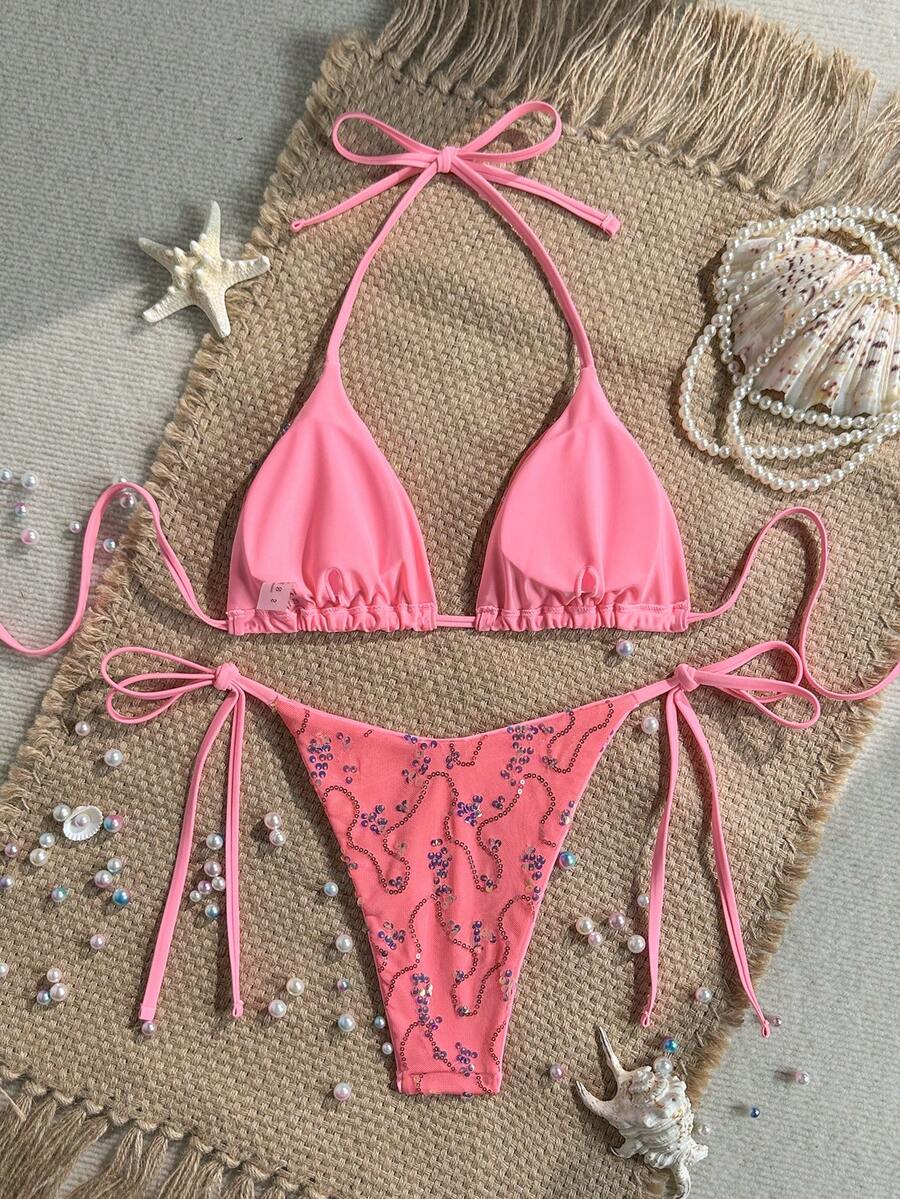 Women's sequin textured halter triangle bikini top and high-waist side tie bikini bottom swimsuit set