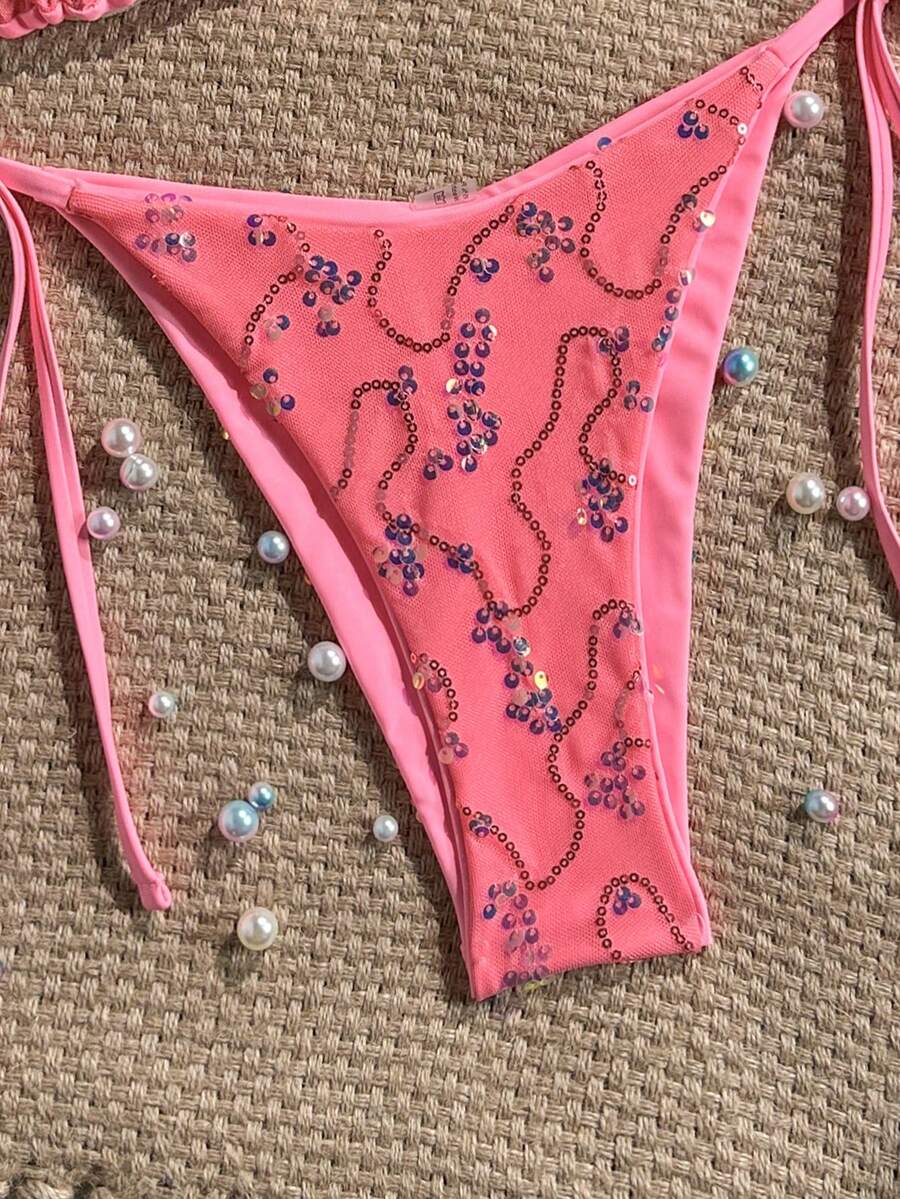 Women's sequin textured halter triangle bikini top and high-waist side tie bikini bottom swimsuit set