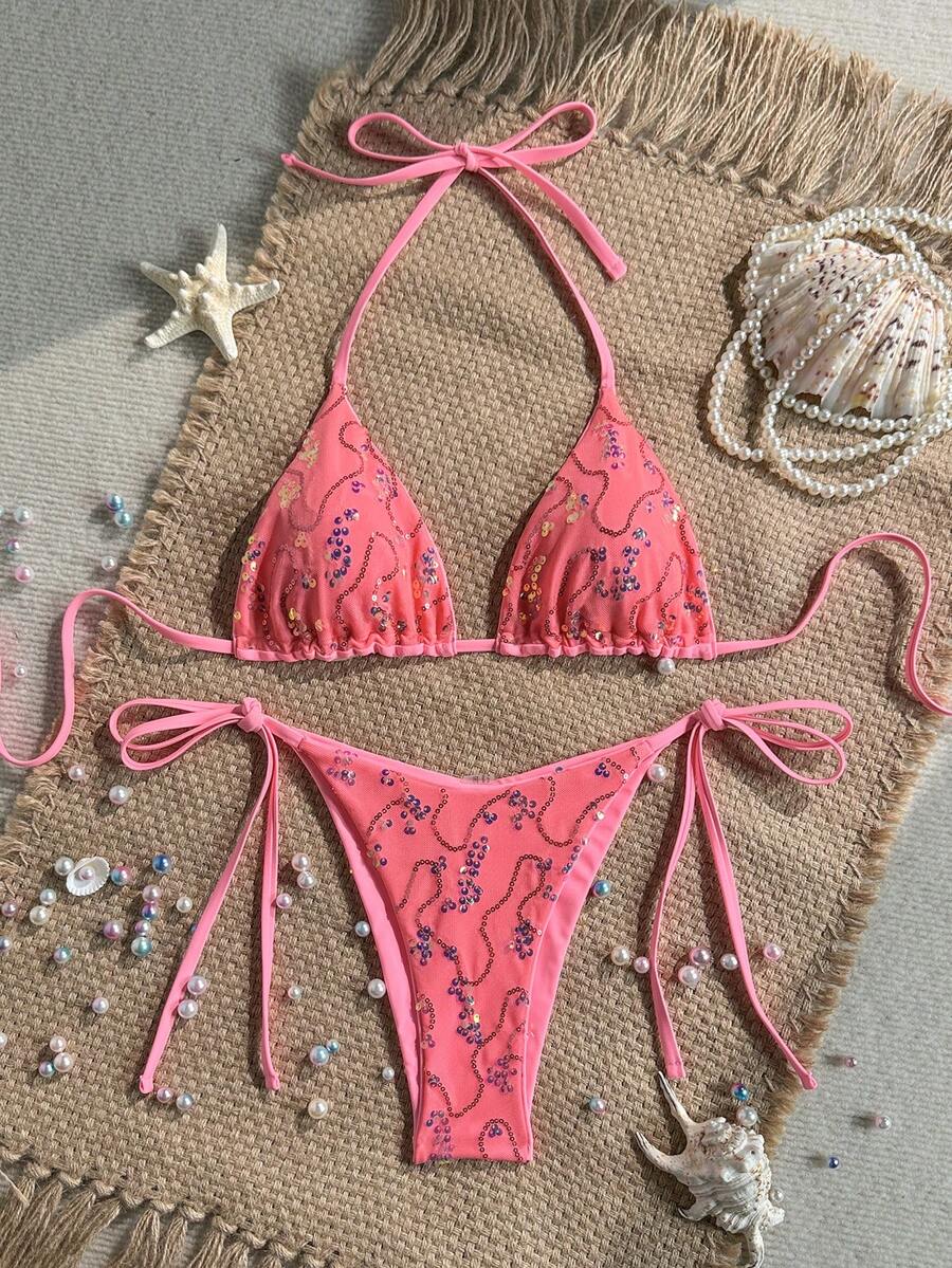 Women's sequin textured halter triangle bikini top and high-waist side tie bikini bottom swimsuit set