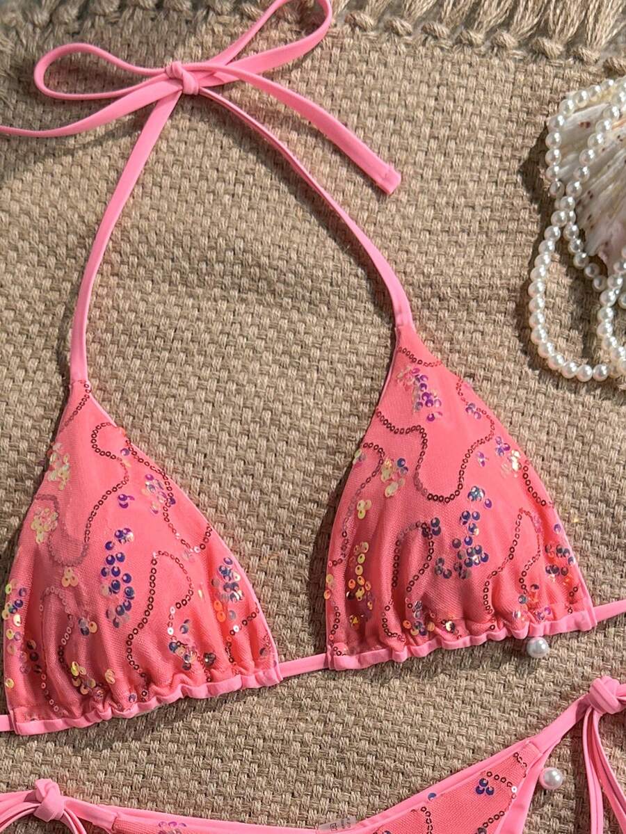 Women's sequin textured halter triangle bikini top and high-waist side tie bikini bottom swimsuit set