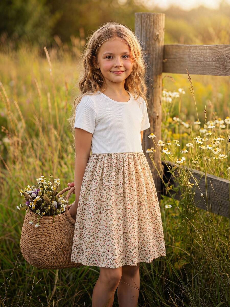 Tween girl wearing an apricot short sleeve A-line dress featuring a round neck, high waist with a belt, and flared hem.