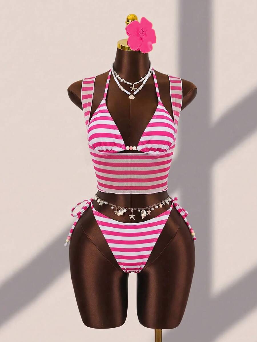 Brown striped 3-piece bikini set for women featuring a halter tie neck, wireless triangle cups with removable padding, cut-out details, and low waist tie side bottoms.