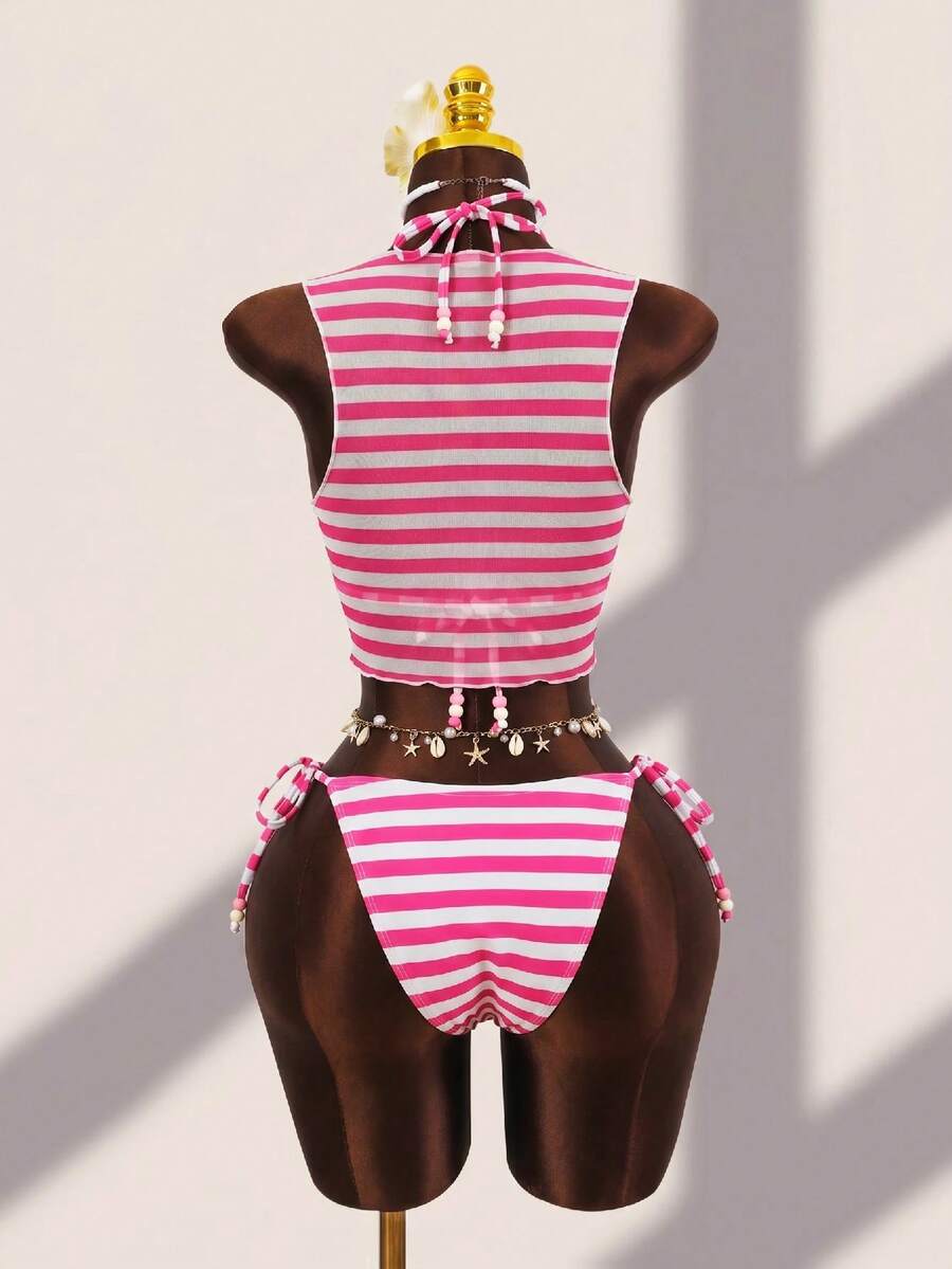Brown striped 3-piece bikini set for women featuring a halter tie neck, wireless triangle cups with removable padding, cut-out details, and low waist tie side bottoms.