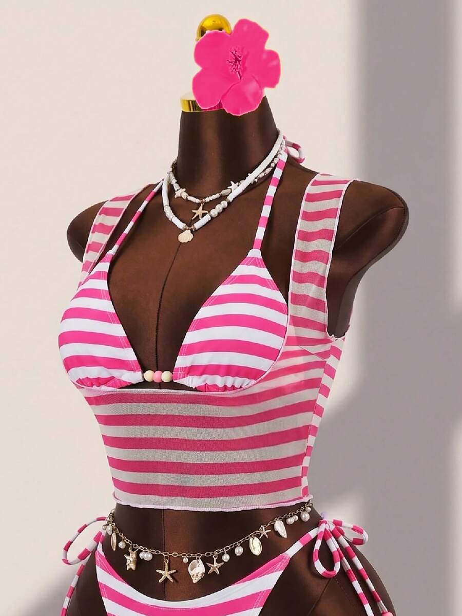 Brown striped 3-piece bikini set for women featuring a halter tie neck, wireless triangle cups with removable padding, cut-out details, and low waist tie side bottoms.