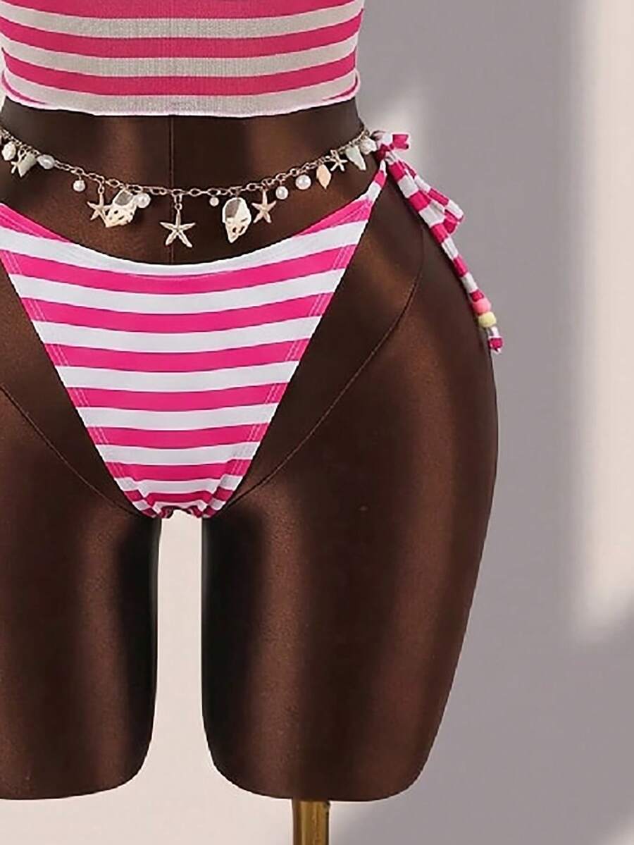Brown striped 3-piece bikini set for women featuring a halter tie neck, wireless triangle cups with removable padding, cut-out details, and low waist tie side bottoms.
