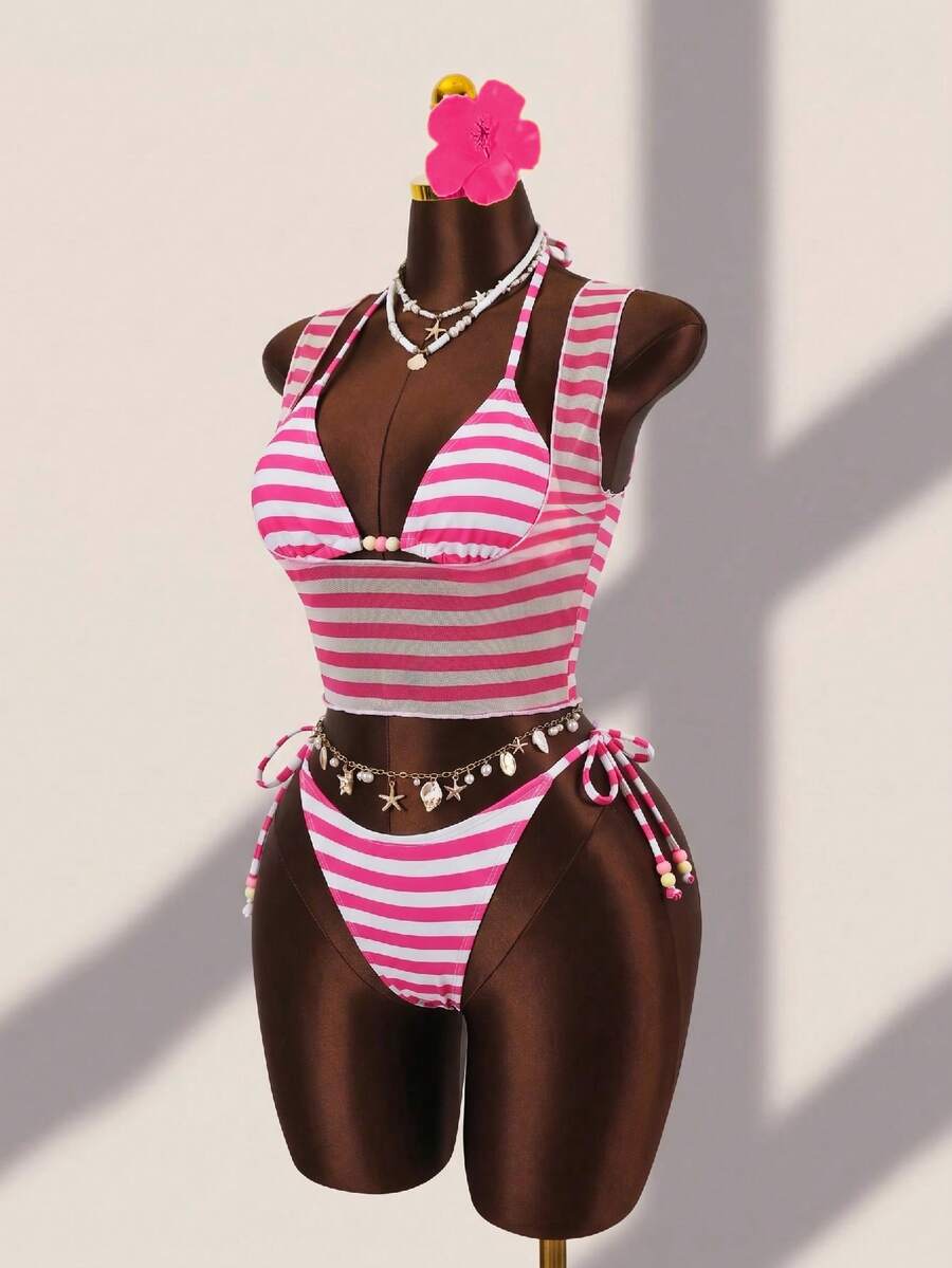 Brown striped 3-piece bikini set for women featuring a halter tie neck, wireless triangle cups with removable padding, cut-out details, and low waist tie side bottoms.