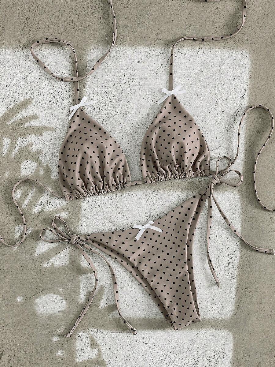 Multicolor striped halter neck two-piece bikini set featuring wireless triangle cups and low-waist tie-side bottoms.