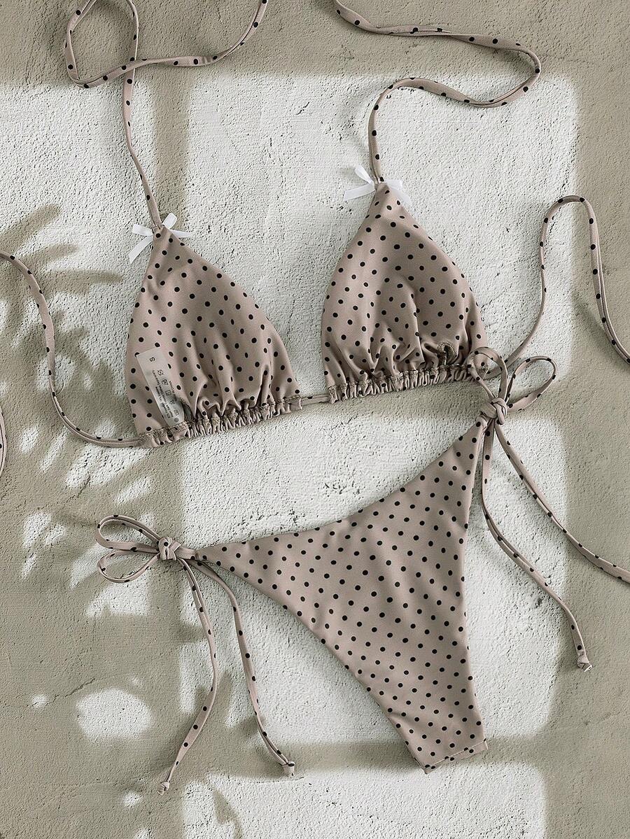 Multicolor striped halter neck two-piece bikini set featuring wireless triangle cups and low-waist tie-side bottoms.