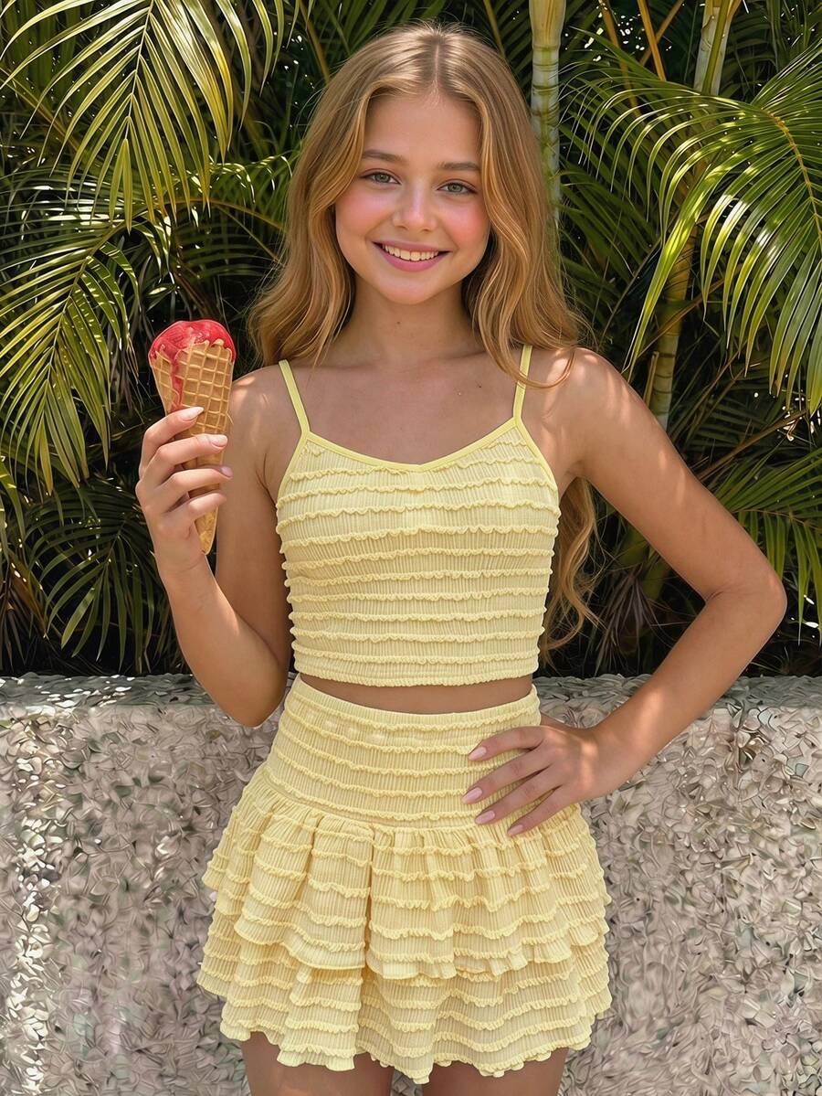 Tween girls solid color two-piece vacation outfit featuring a spaghetti strap camisole short top and a tiered skirt in soft knitted fabric.