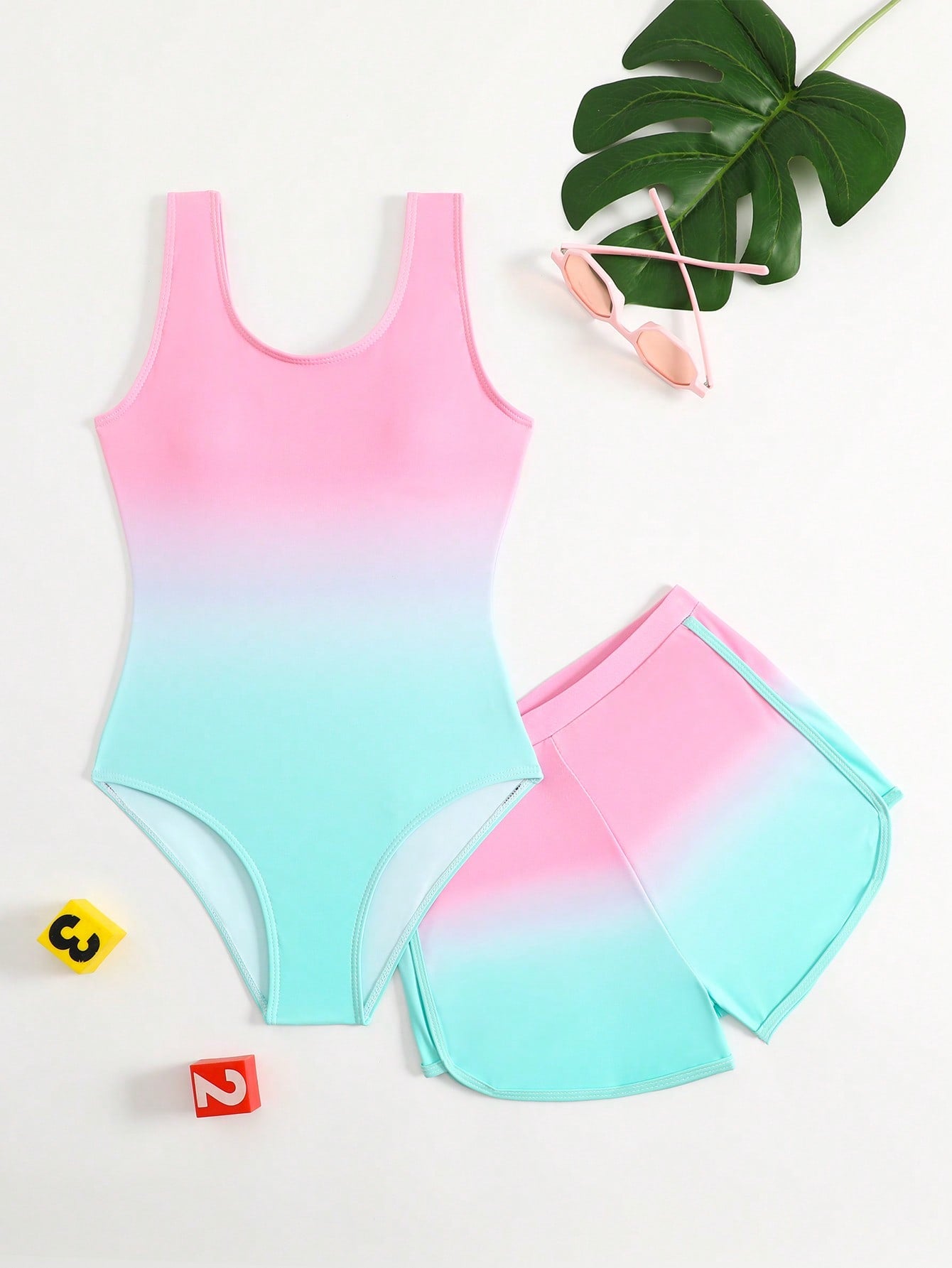 Cute Gradient Girls' One-Piece Swimsuit And Boy Shorts Two Pieces Set (Custom Print)