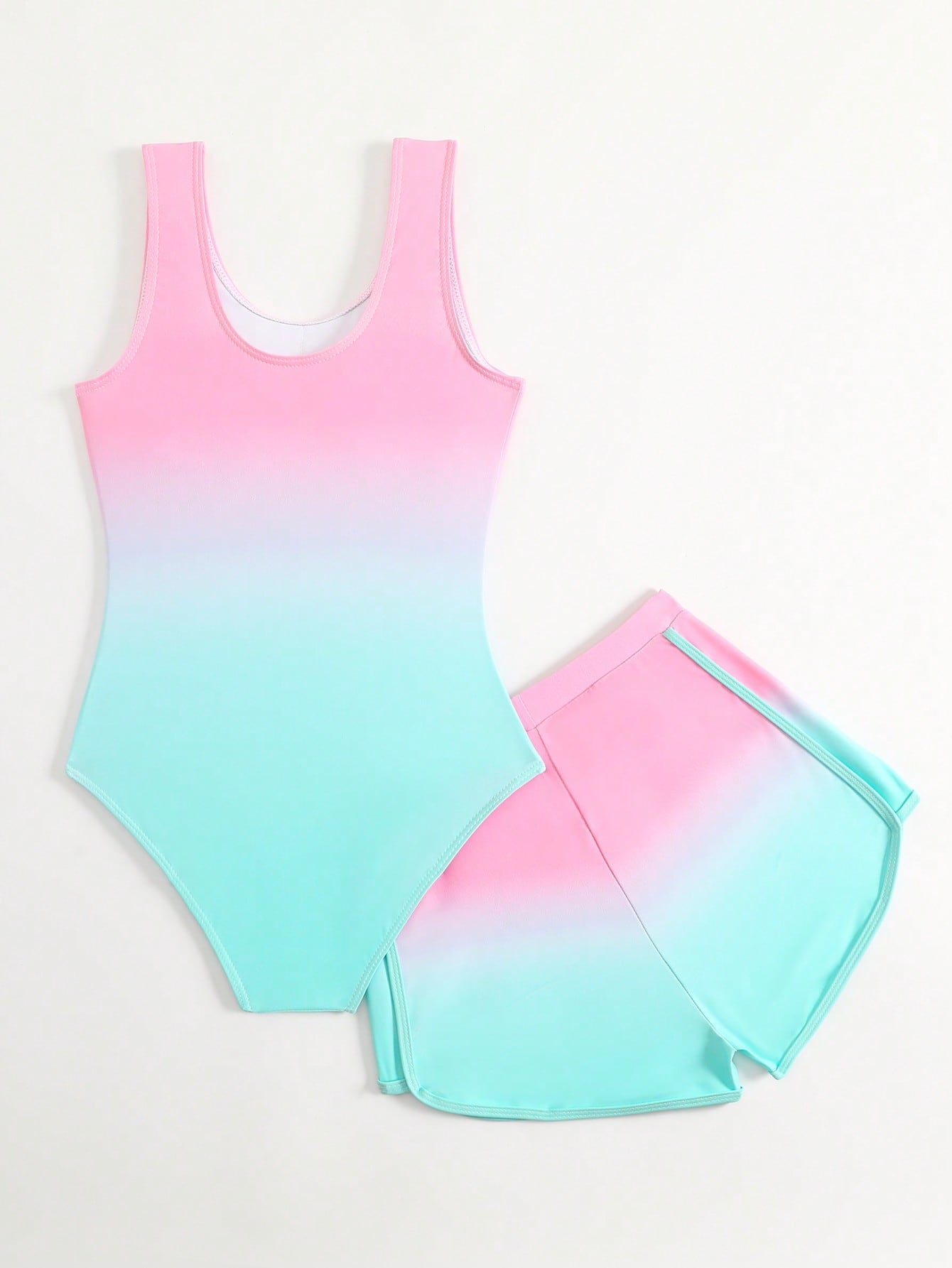 Cute Gradient Girls' One-Piece Swimsuit And Boy Shorts Two Pieces Set (Custom Print)