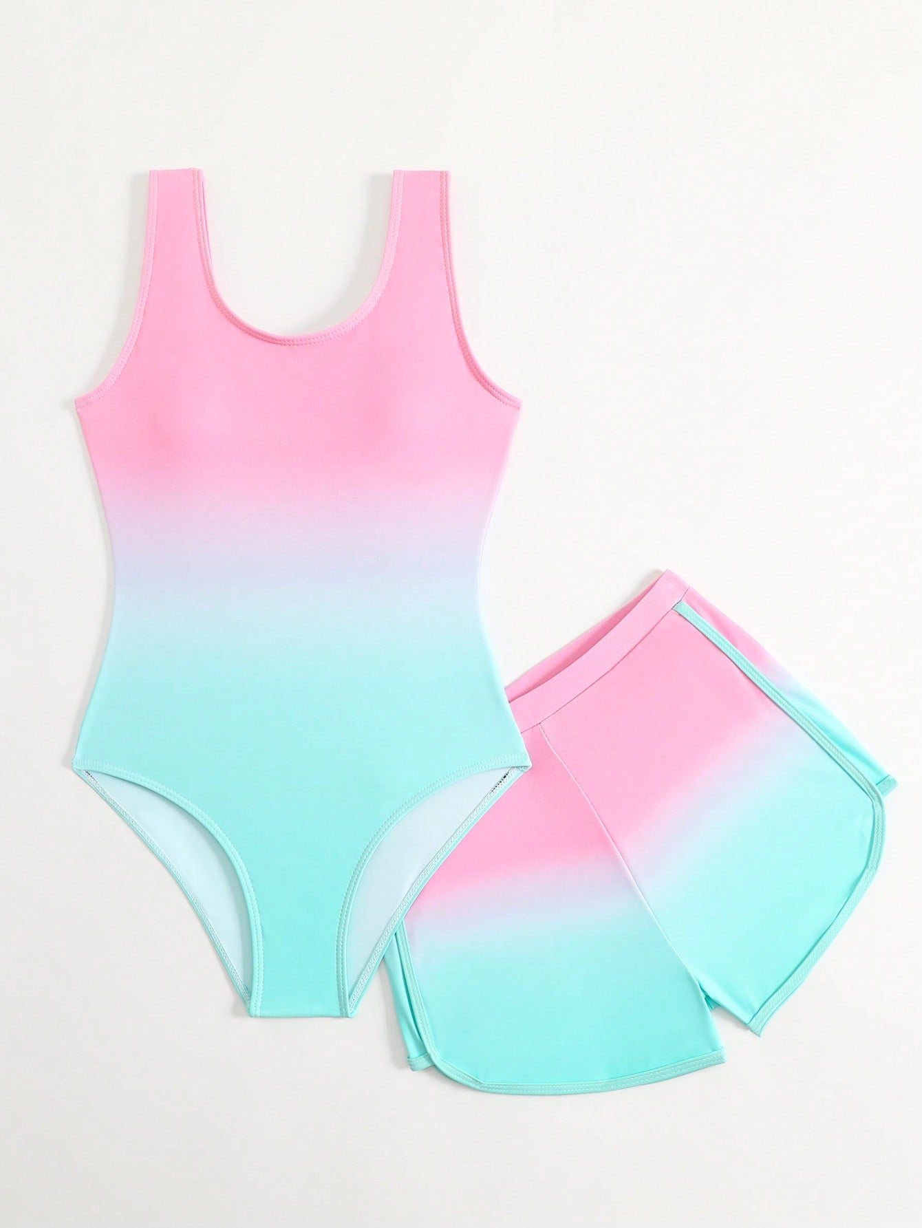 Cute Gradient Girls' One-Piece Swimsuit And Boy Shorts Two Pieces Set (Custom Print)
