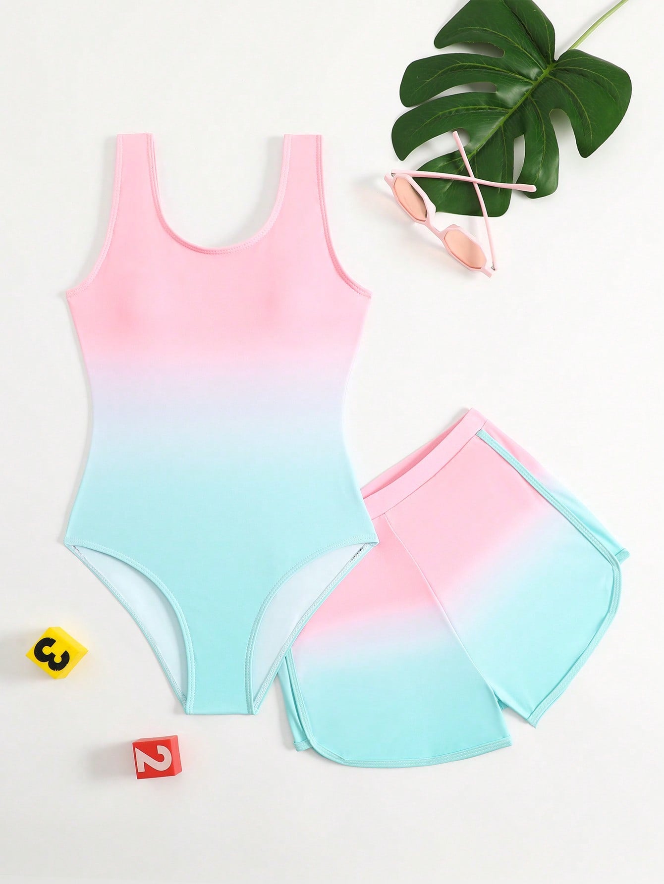 Cute Gradient Girls' One-Piece Swimsuit And Boy Shorts Two Pieces Set (Custom Print)