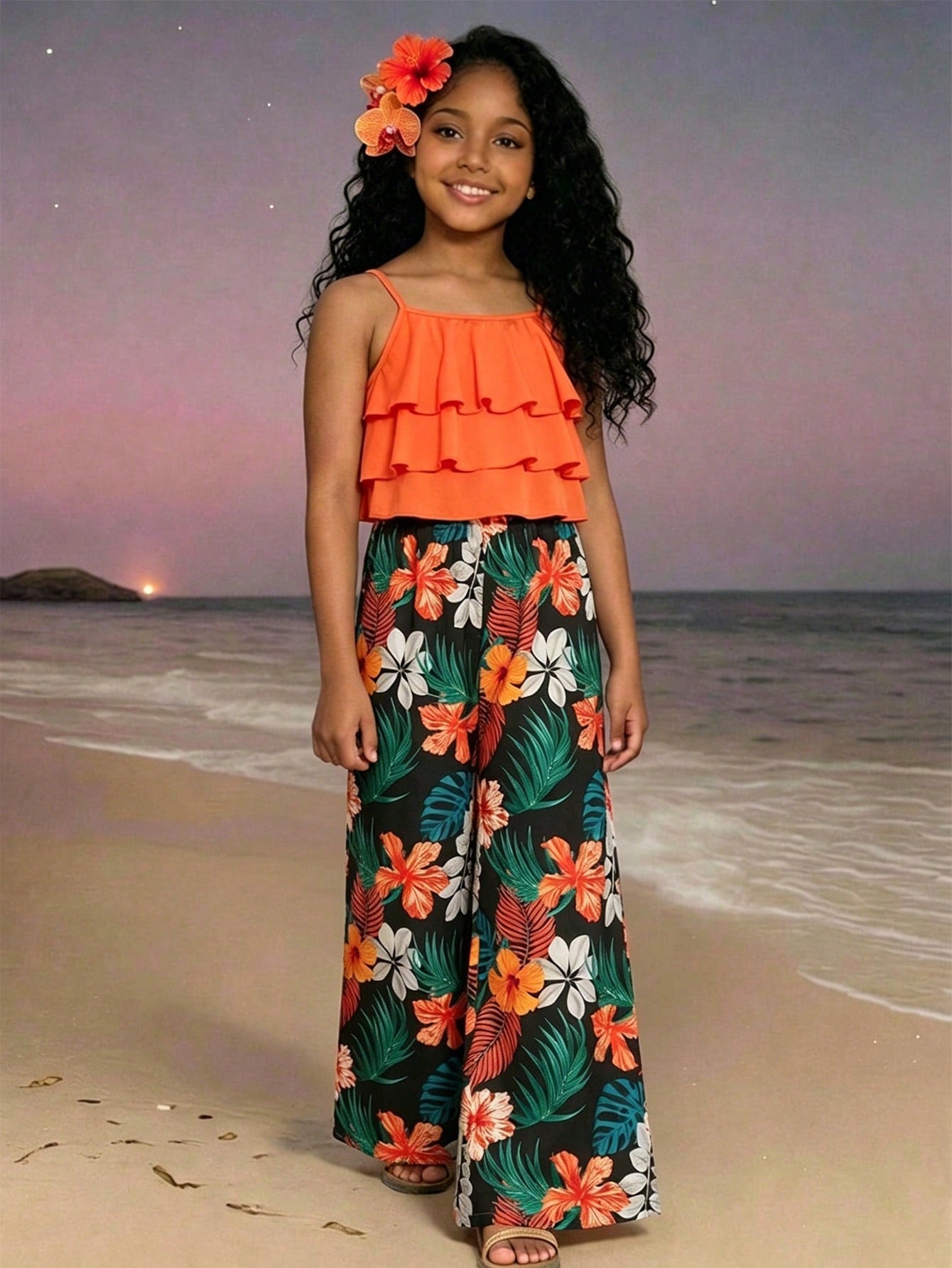 Tween girls blue 2-piece vacation outfit set featuring a tiered ruffle spaghetti strap camisole and loose high-waist pants.