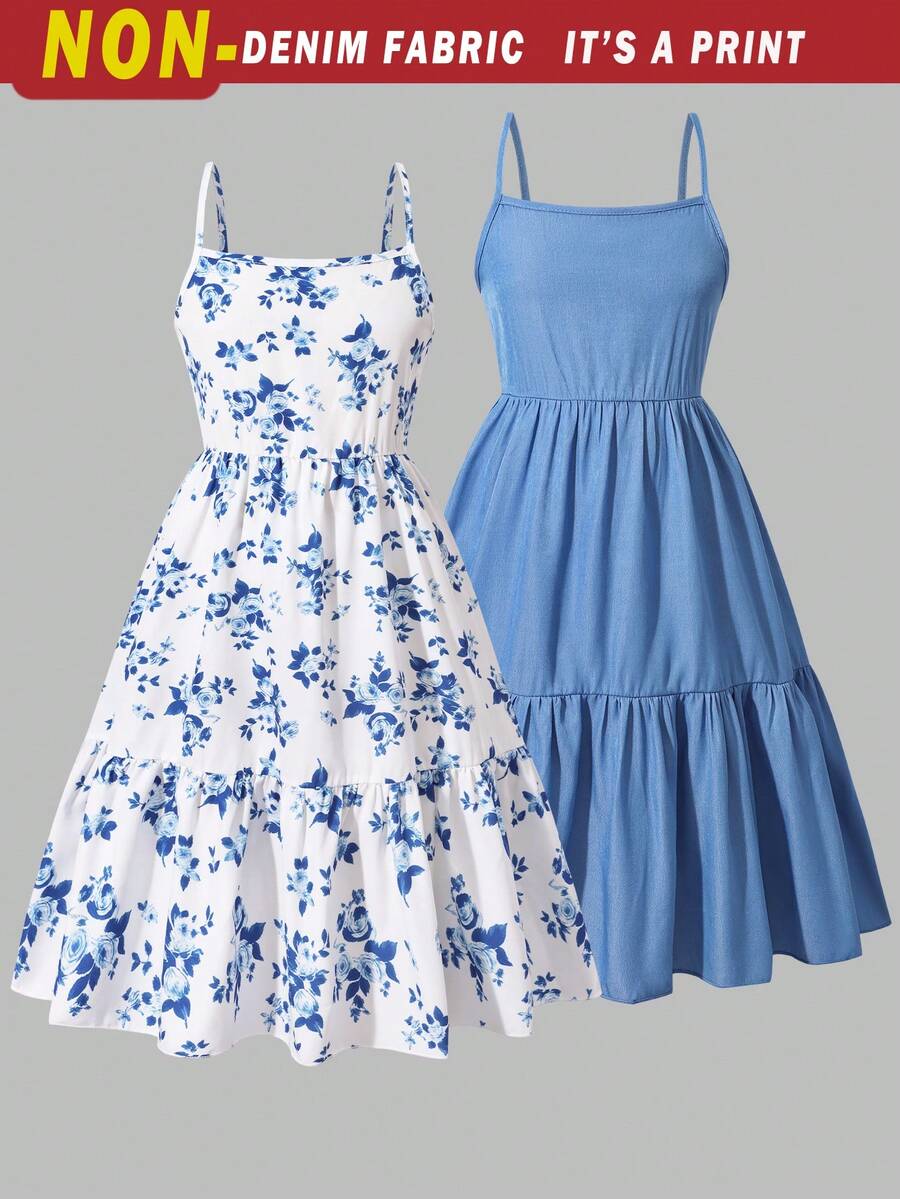 Tween girl blue plant print spaghetti strap cami dress with shirred high waist and flounce ruffled hem