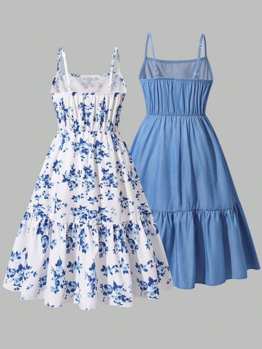 Tween girl blue plant print spaghetti strap cami dress with shirred high waist and flounce ruffled hem