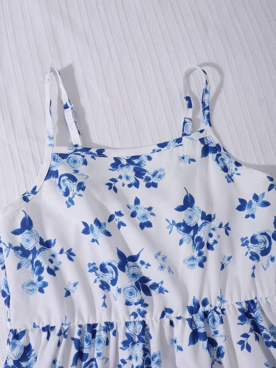 Tween girl blue plant print spaghetti strap cami dress with shirred high waist and flounce ruffled hem