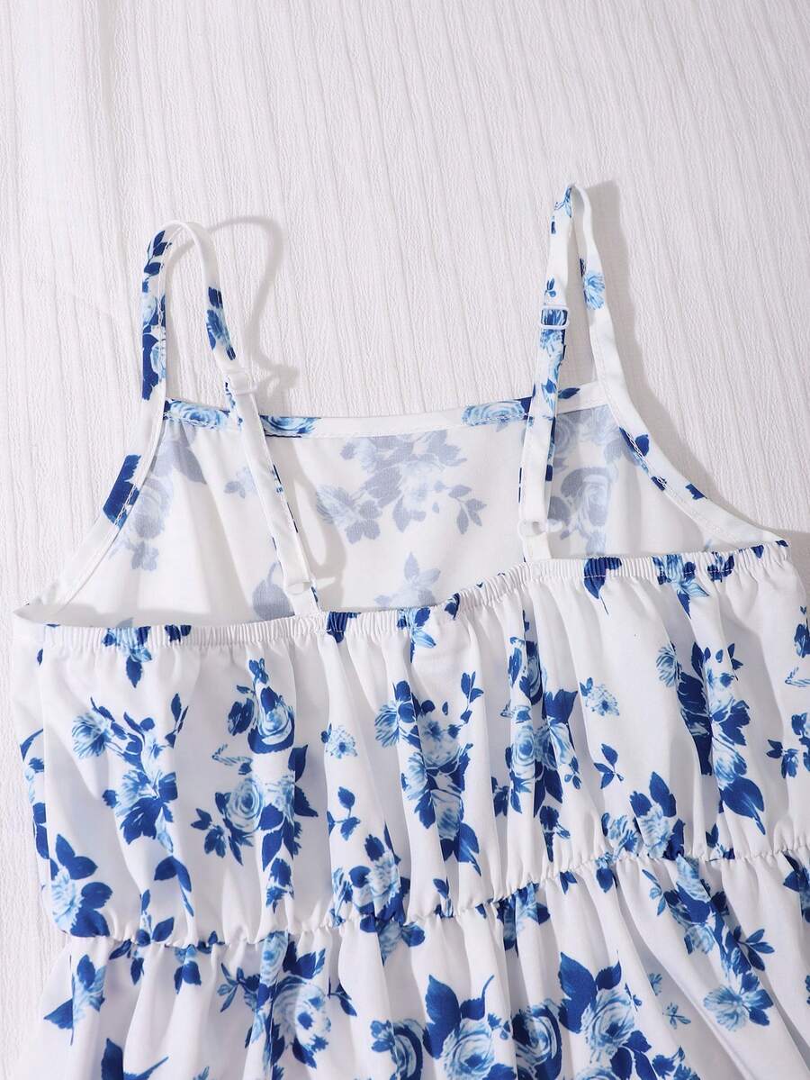 Tween girl blue plant print spaghetti strap cami dress with shirred high waist and flounce ruffled hem