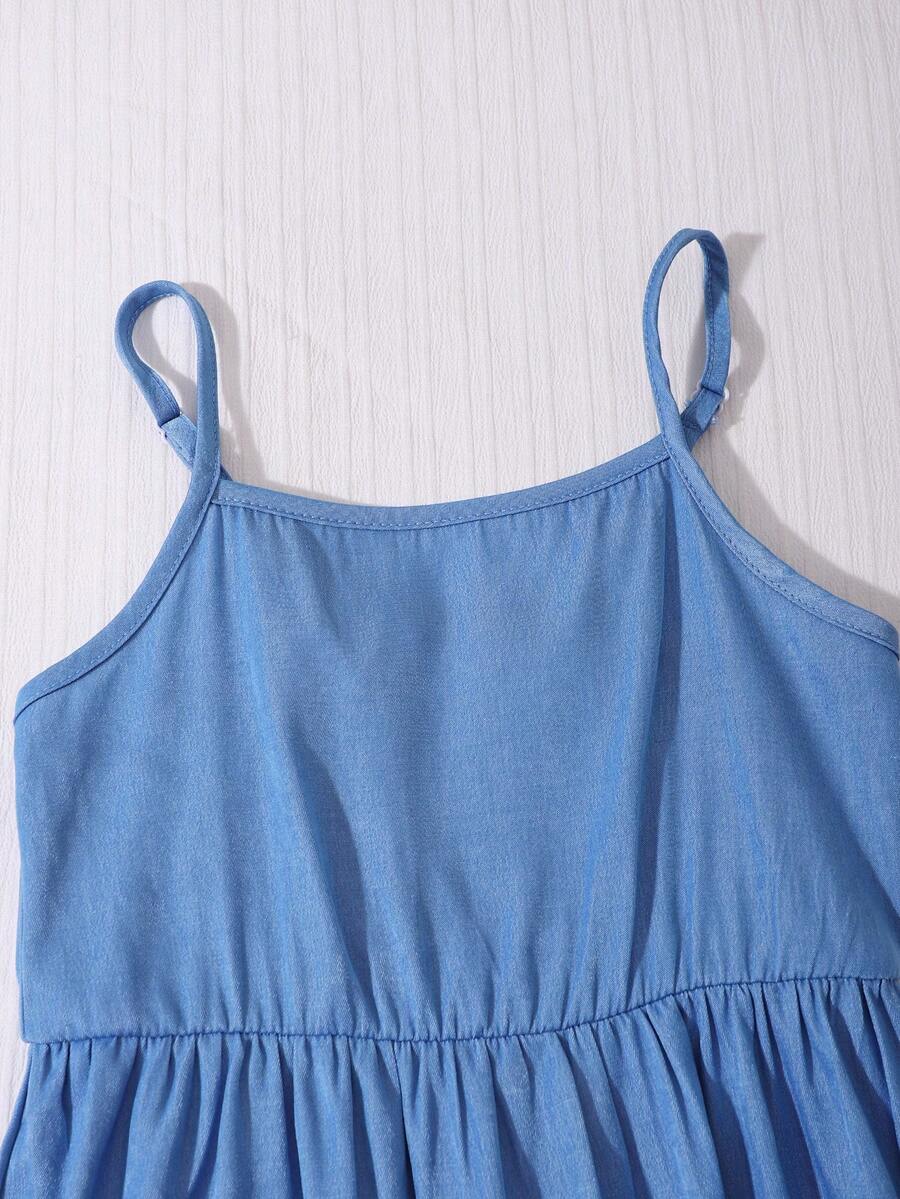 Tween girl blue plant print spaghetti strap cami dress with shirred high waist and flounce ruffled hem
