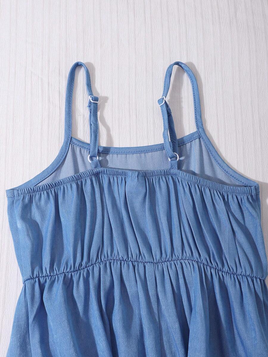 Tween girl blue plant print spaghetti strap cami dress with shirred high waist and flounce ruffled hem